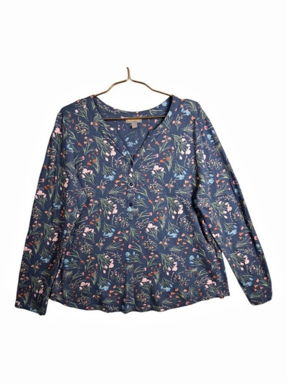Style & Co Women L Henley Shirt Blue Floral Print Long Sleeve Cotton Knit Top